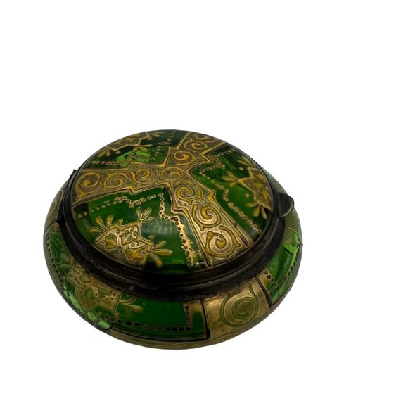 Vintage Green Bohemian Glass Enamel Hinged Patch Trinket Box Moser Style - Picture 4 of 7